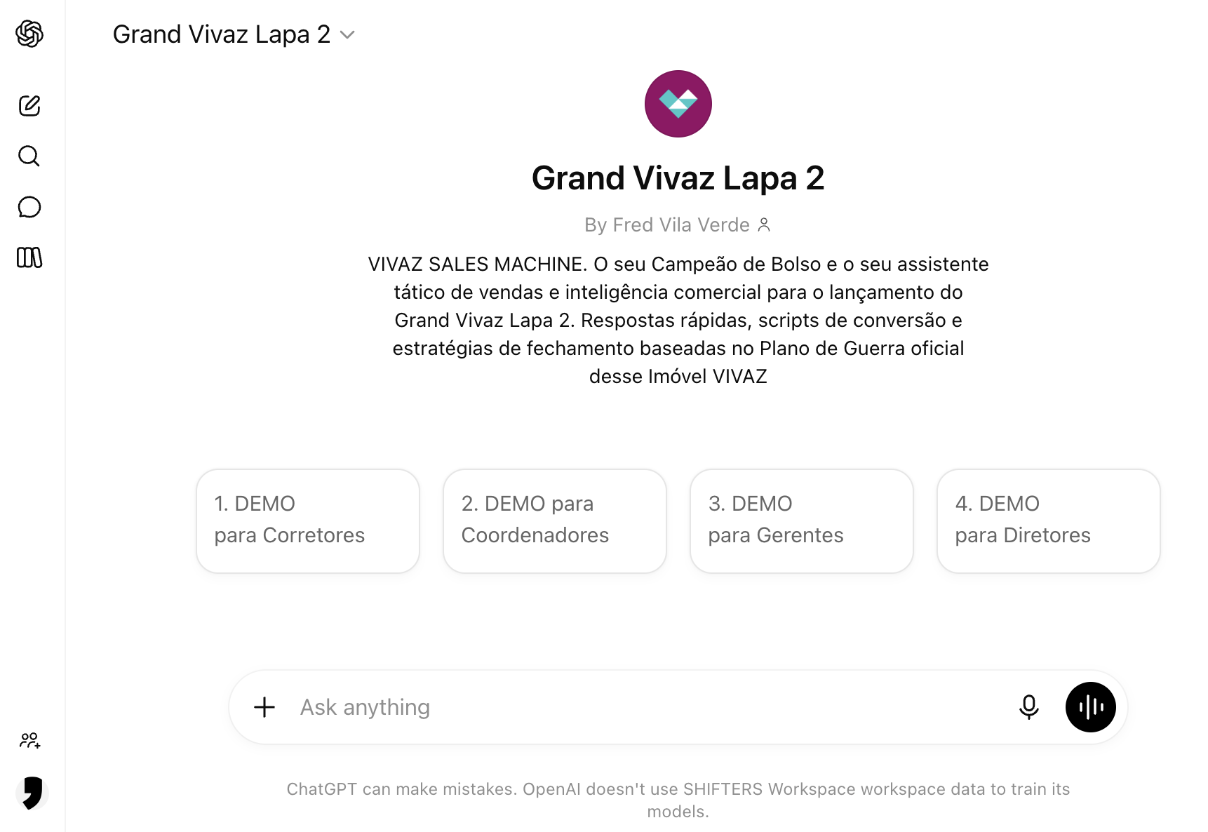 Screenshot da interface do Grand Vivaz Lapa 2 no ChatGPT mostrando os 4 DEMOs disponíveis
